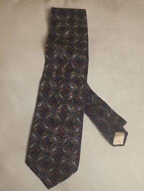Jacques Estier Italian Silk Burgundy Geometric Pattern Silk Tie 58 Inches Long